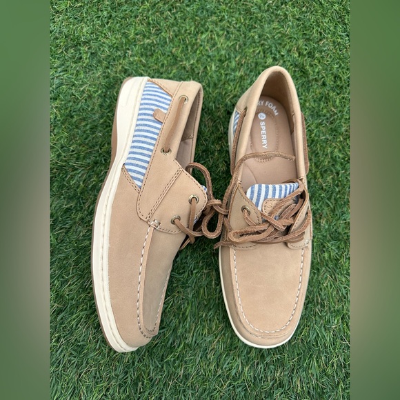 Sperry Memory Foam Women's Sz 6.5 Leather Whalefish Shoes Blue White Stripe NWOT - Picture 1 of 8